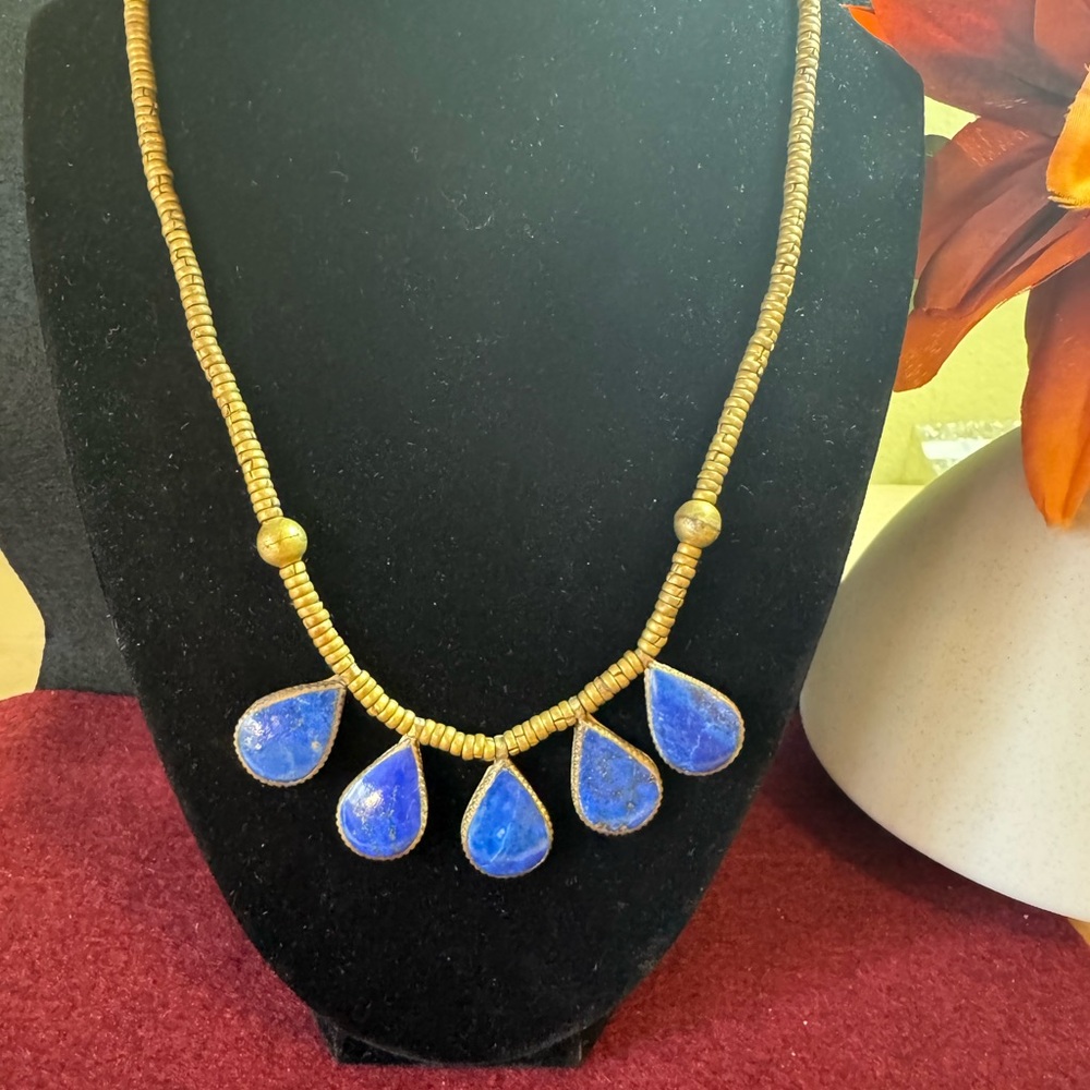 VTG Afghan Alpaka Lapis Laguili teardrop stone necklace with beading